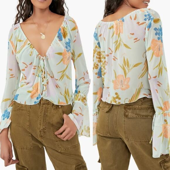 Free People Tops - Free People Of Paradise Floral Bell Sleeve Sheer Blouse